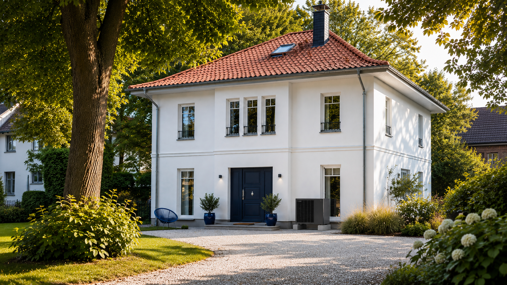 KI-generierte Visualisierung eines Einfamilienhauses mit Wärmepumpe
